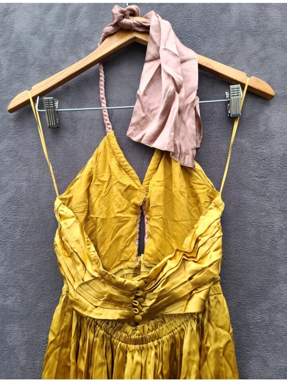 Anthropologie Silk Colorblocked Maxi Dress 2 Gold/Olive/Pink Halter Goddess NWT - Picture 6 of 10
